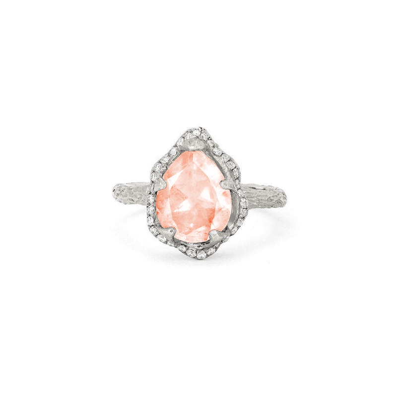 Baby Queen Water Drop Morganite Ring with Full Pavé Halo White Gold 3  by Logan Hollowell Jewelry