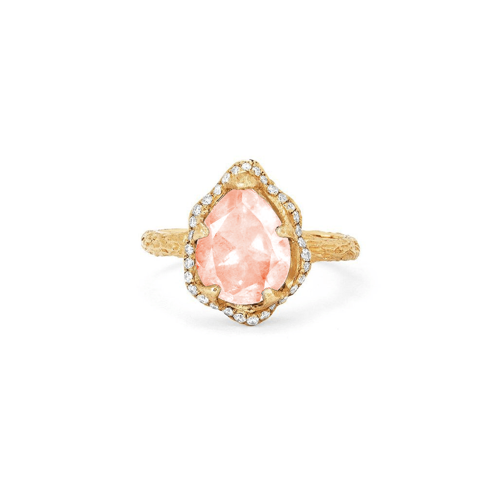 Baby Queen Water Drop Morganite Ring with Full Pavé Halo | Ready to Ship Yellow Gold 6 by Logan Hollowell Jewelry