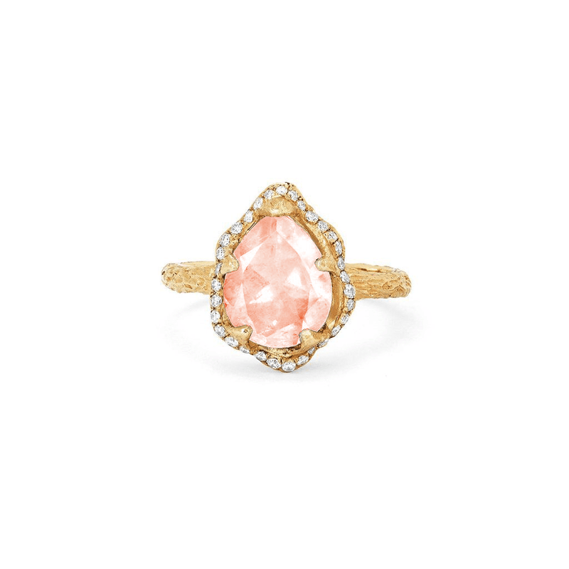 Baby Queen Water Drop Morganite Ring with Full Pavé Halo | Ready to Ship Yellow Gold 6 by Logan Hollowell Jewelry