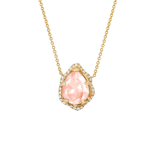 Baby Queen Water Drop Morganite Necklace with Full Pavé Halo Yellow Gold   by Logan Hollowell Jewelry