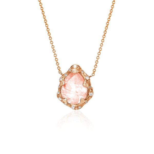Baby Queen Water Drop Morganite Necklace with Sprinkled Diamonds Rose Gold   by Logan Hollowell Jewelry