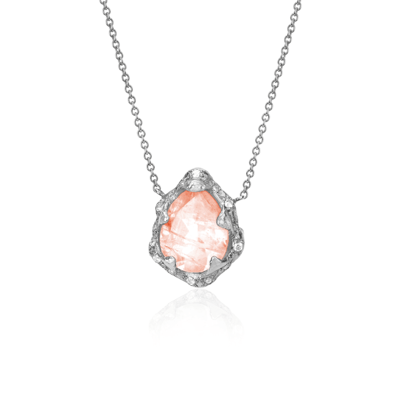 Baby Queen Water Drop Morganite Necklace with Sprinkled Diamonds White Gold   by Logan Hollowell Jewelry
