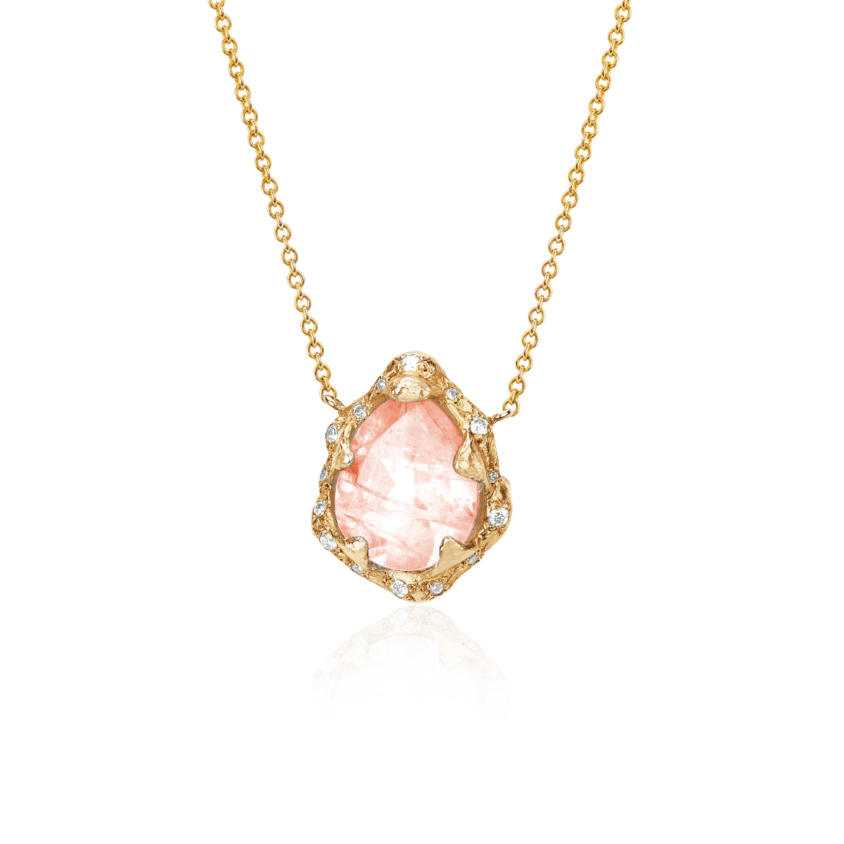 Baby Queen Water Drop Morganite Necklace with Sprinkled Diamonds | Ready to Ship Yellow Gold by Logan Hollowell Jewelry