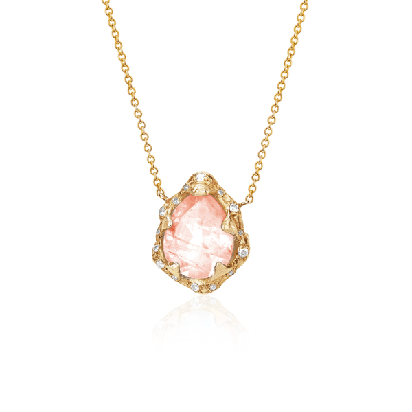 Baby Queen Water Drop Morganite Necklace with Sprinkled Diamonds Yellow Gold by Logan Hollowell Jewelry