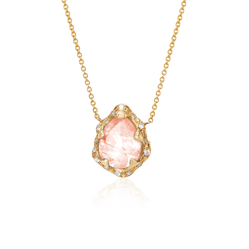 Baby Queen Water Drop Morganite Necklace with Sprinkled Diamonds | Ready to Ship Yellow Gold by Logan Hollowell Jewelry