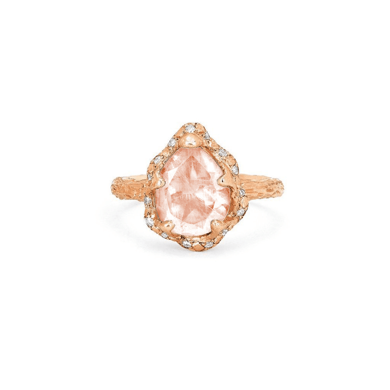 Baby Queen Water Drop Morganite Ring with Sprinkled Diamonds | Ready to Ship by Logan Hollowell Jewelry