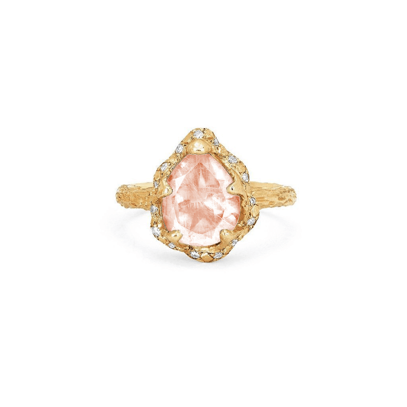 Baby Queen Water Drop Morganite Ring with Sprinkled Diamonds | Ready to Ship Yellow Gold 6 by Logan Hollowell Jewelry
