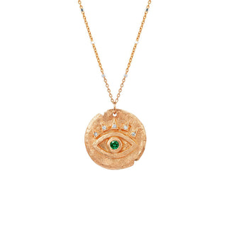 Emerald Baby Eye of Protection Coin Pendant Rose Gold 16" Twinkle Chain by Logan Hollowell Jewelry