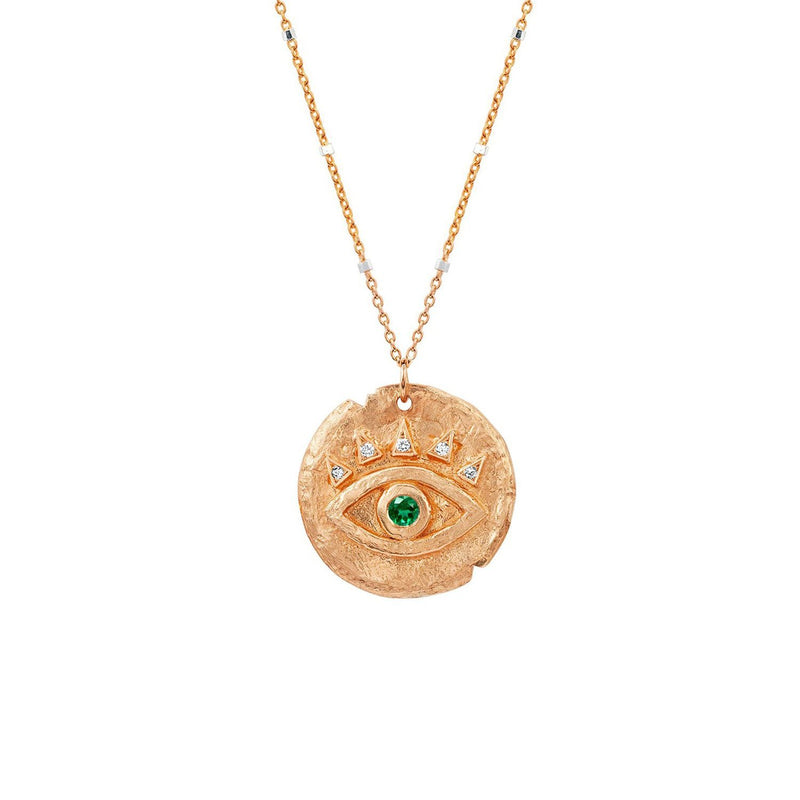 Emerald Petite Eye of Protection Coin Pendant Rose Gold 16" Twinkle Chain by Logan Hollowell Jewelry