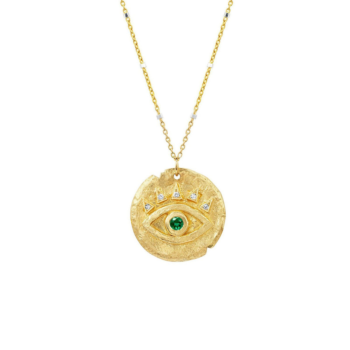 Emerald Petite Eye of Protection Coin Pendant Yellow Gold 16" Twinkle Chain by Logan Hollowell Jewelry