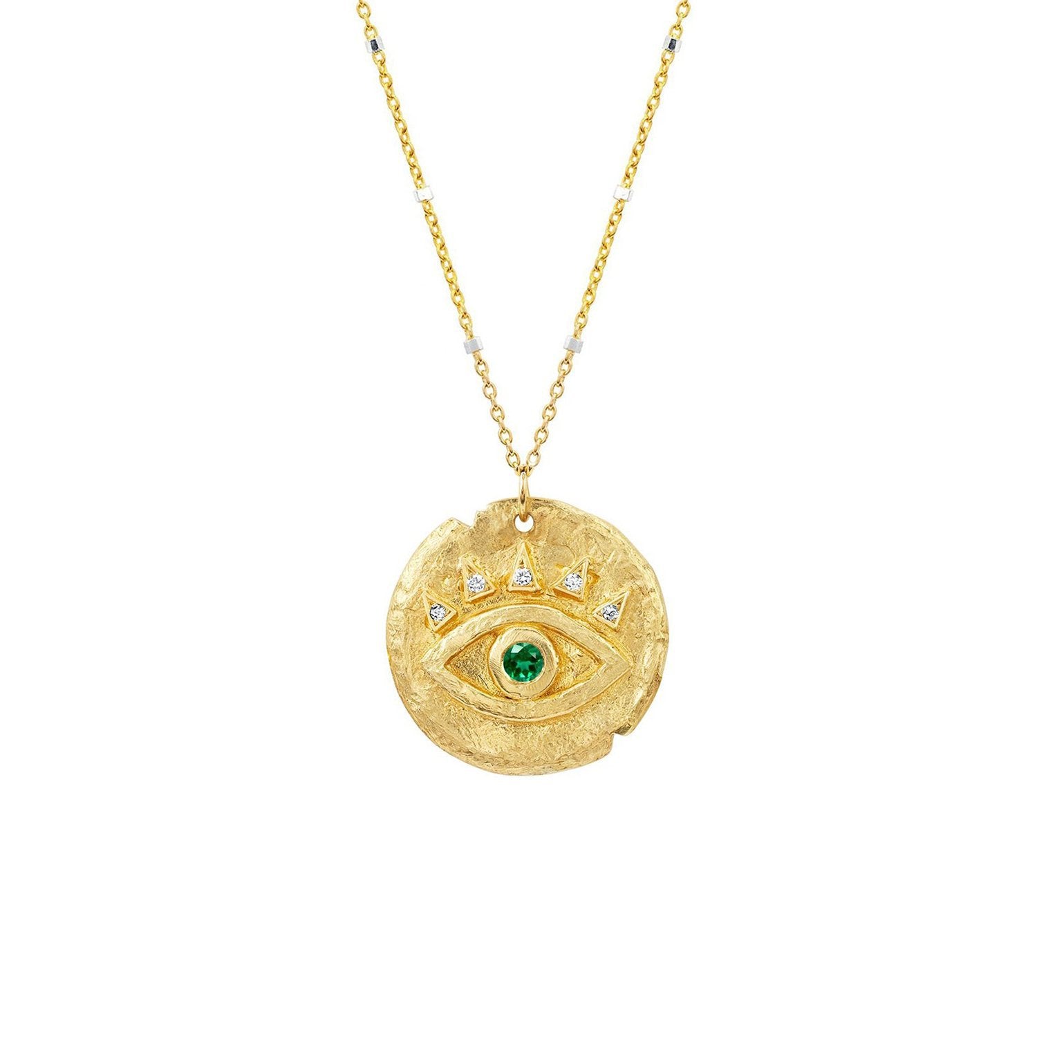 Emerald Petite Eye of Protection Coin Pendant Yellow Gold 16" Twinkle Chain by Logan Hollowell Jewelry