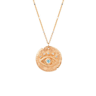 Aquamarine Baby Eye of Protection Coin Pendant 16" Rose Gold  by Logan Hollowell Jewelry