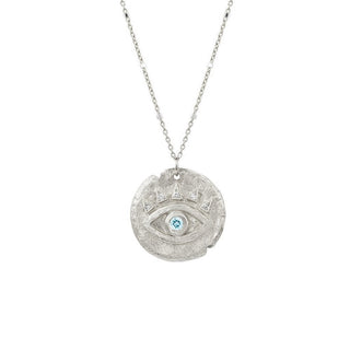 Aquamarine Baby Eye of Protection Coin Pendant 16" White Gold  by Logan Hollowell Jewelry