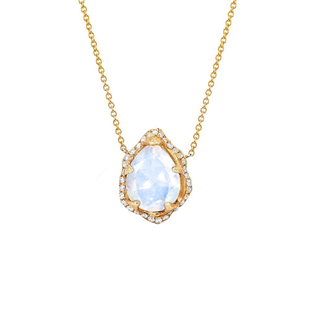 Baby Queen Water Drop Moonstone Necklace with Full Pavé Diamond Halo Yellow Gold by Logan Hollowell Jewelry