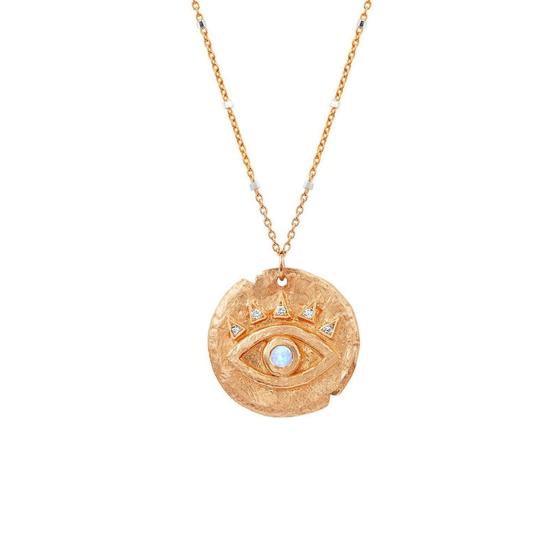 Moonstone Petite Eye of Protection Coin Pendant 16" Rose Gold Ball Chain by Logan Hollowell Jewelry