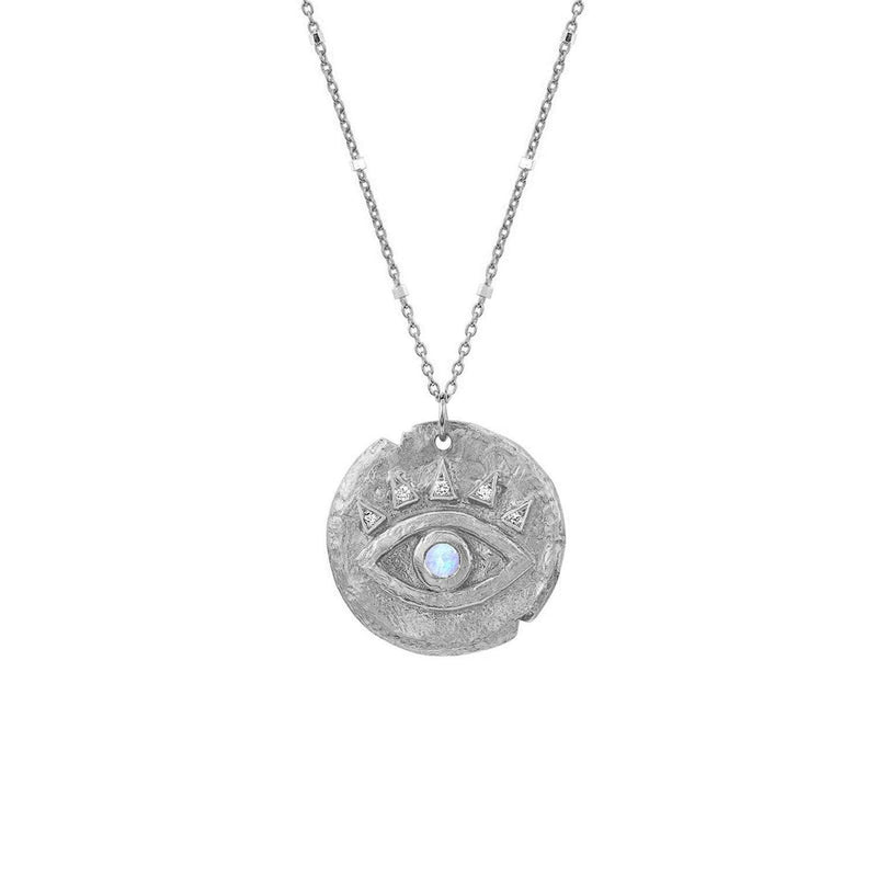 Moonstone Petite Eye of Protection Coin Pendant 16" White Gold Ball Chain by Logan Hollowell Jewelry