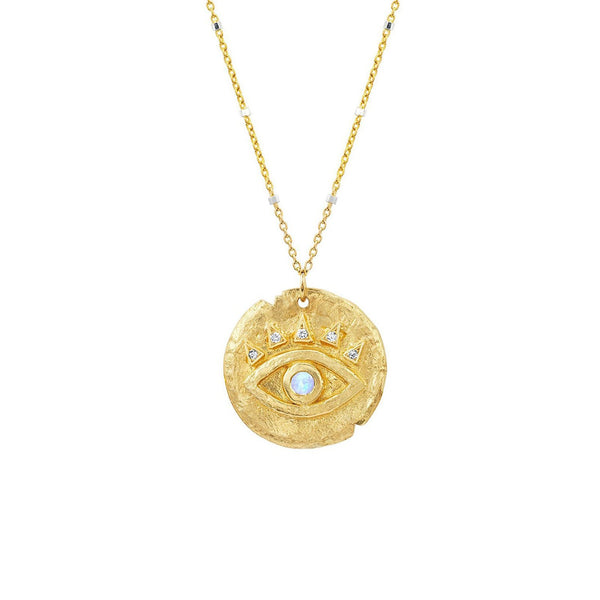 Moonstone Petite Eye of Protection Coin Pendant 16" Yellow Gold Ball Chain by Logan Hollowell Jewelry