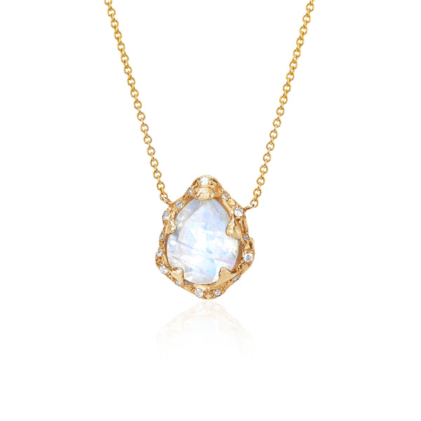 Baby Queen Water Drop Moonstone Necklace with Sprinkled Diamonds Yellow Gold   by Logan Hollowell Jewelry