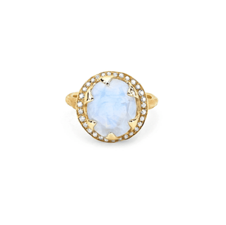 Baby Queen Oval Moonstone Ring with Full Pavé Diamond Halo Yellow Gold 4  by Logan Hollowell Jewelry