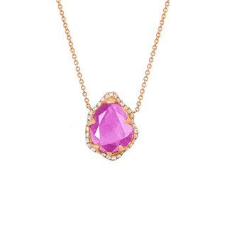 Baby Queen Water Drop Pink Sapphire Necklace with Full Pavé Halo Rose Gold   by Logan Hollowell Jewelry