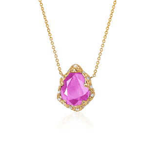 Baby Queen Water Drop Pink Sapphire Necklace with Sprinkled Diamonds Yellow Gold   by Logan Hollowell Jewelry