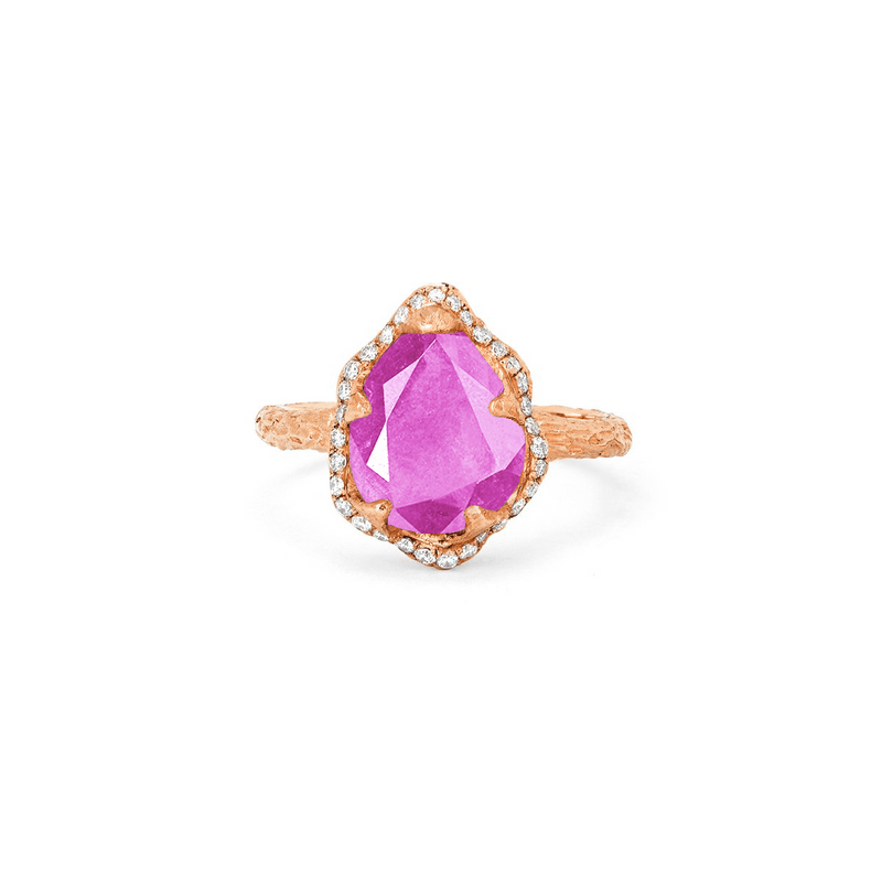 Baby Queen Water Drop Pink Sapphire Ring with Full Pavé Halo Rose Gold 3 by Logan Hollowell Jewelry