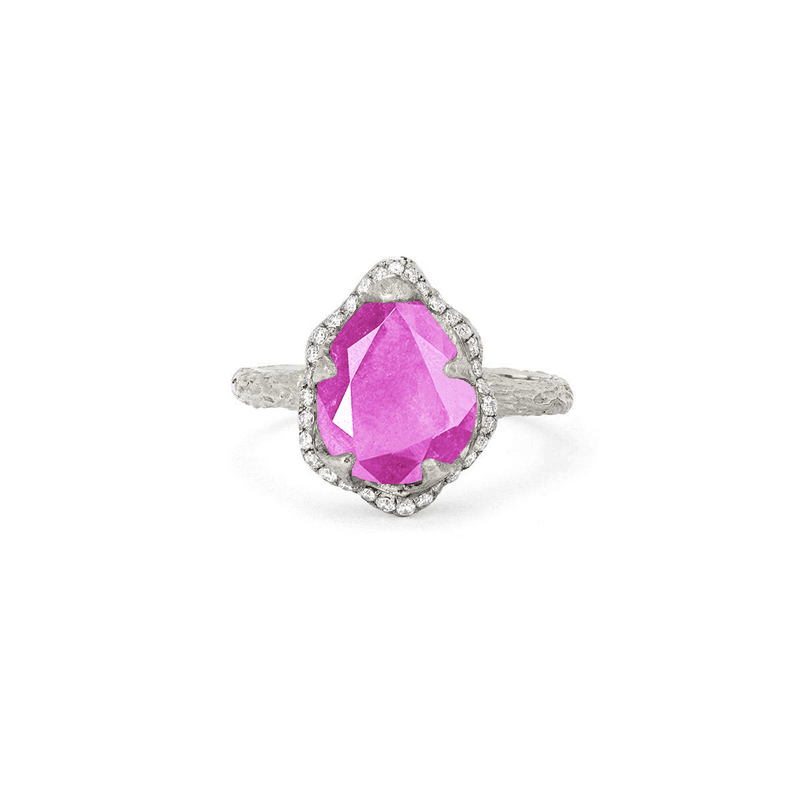 Baby Queen Water Drop Pink Sapphire Ring with Full Pavé Halo White Gold 3 by Logan Hollowell Jewelry