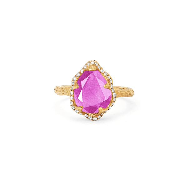 Baby Queen Water Drop Pink Sapphire Ring with Full Pavé Halo Yellow Gold 3 by Logan Hollowell Jewelry