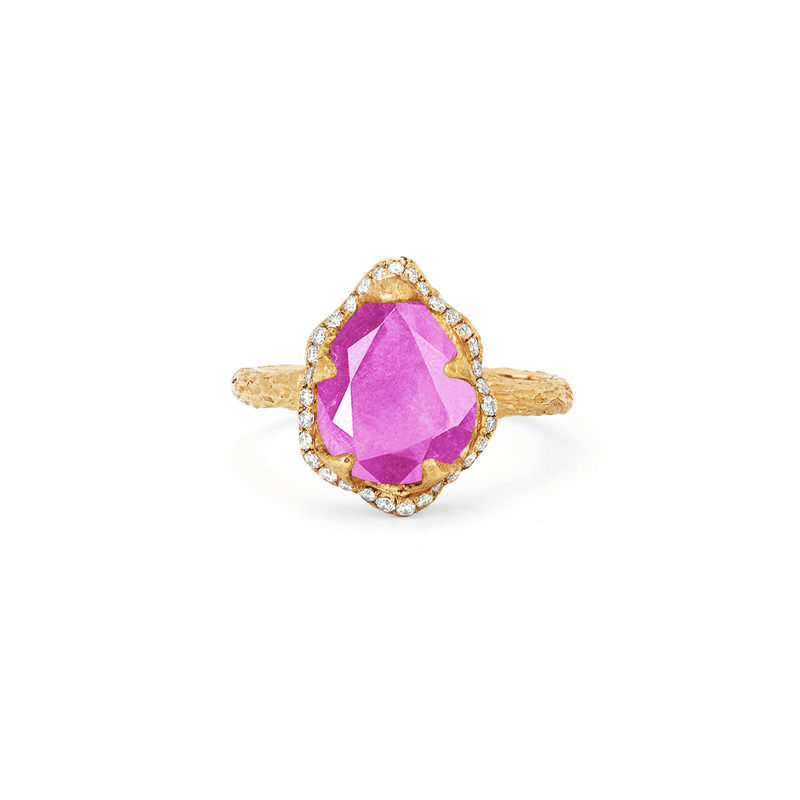Baby Queen Water Drop Pink Sapphire Ring with Full Pavé Halo Yellow Gold 3 by Logan Hollowell Jewelry