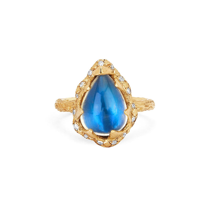 Baby Queen Water Drop Blue Sheen Moonstone Ring with Sprinkled Diamonds Yellow Gold 3  by Logan Hollowell Jewelry