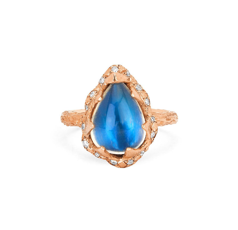 Baby Queen Water Drop Blue Sheen Moonstone Ring with Sprinkled Diamonds Rose Gold 3  by Logan Hollowell Jewelry