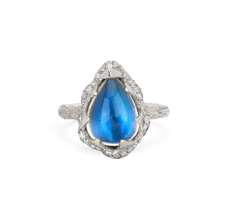 Baby Queen Water Drop Blue Sheen Moonstone Ring with Sprinkled Diamonds White Gold 3  by Logan Hollowell Jewelry