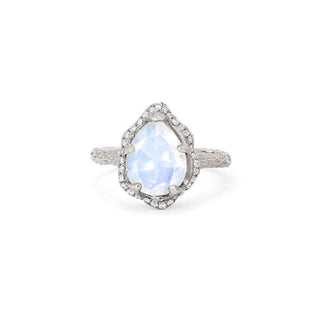 Baby Queen Water Drop Moonstone Ring with Full Pavé Diamond Halo White Gold 4  by Logan Hollowell Jewelry