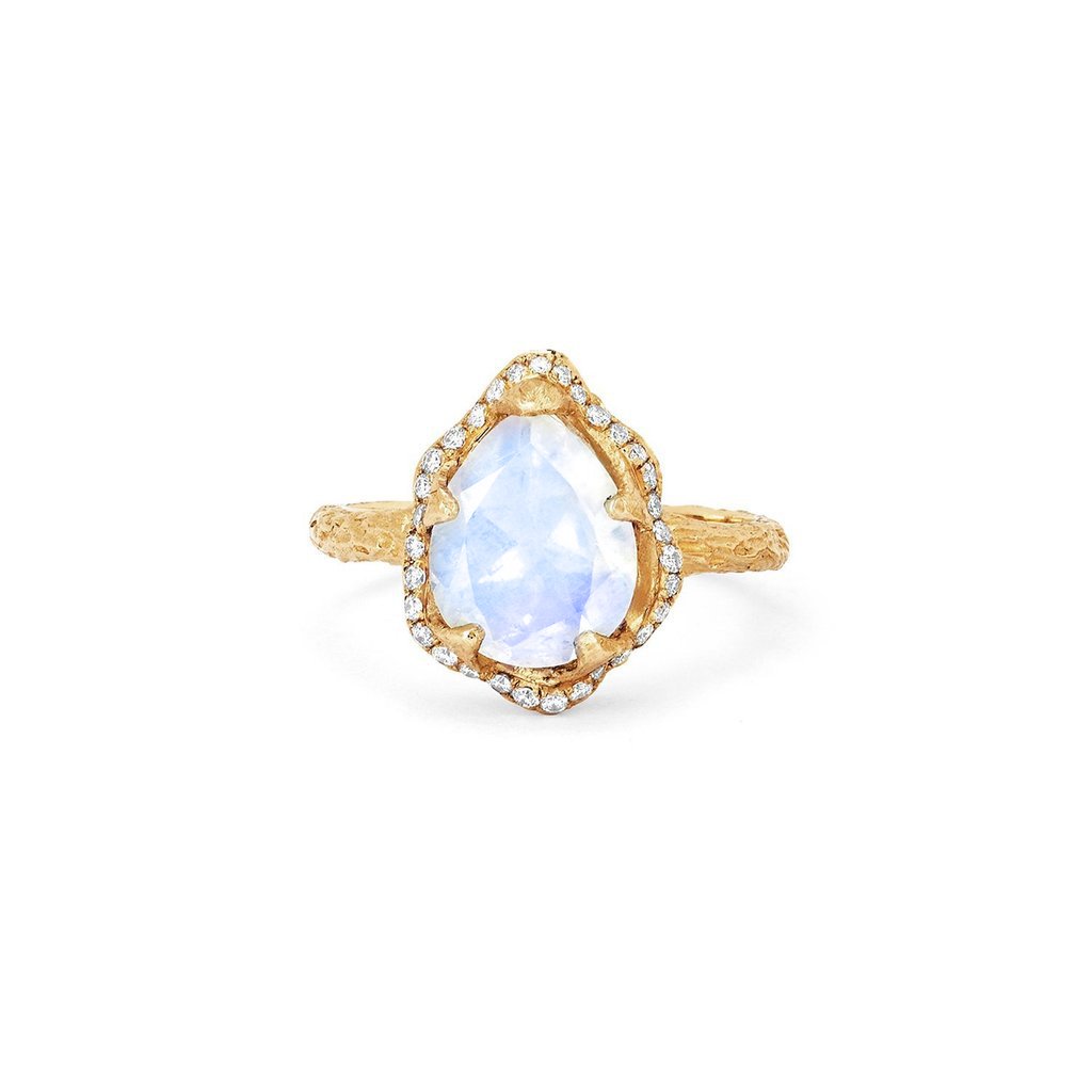 Baby Queen Water Drop Moonstone Ring with Full Pavé Diamond Halo Yellow Gold 3  by Logan Hollowell Jewelry