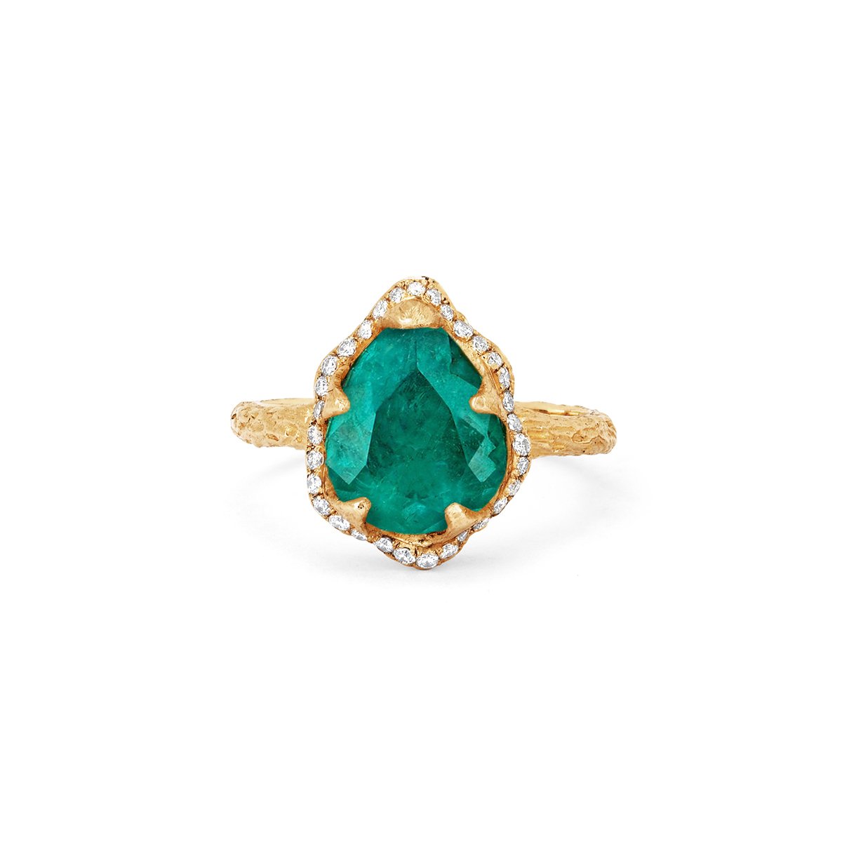 Baby Queen Water Drop Colombian Emerald Ring with Full Pavé Diamond Halo Yellow Gold 3 by Logan Hollowell Jewelry