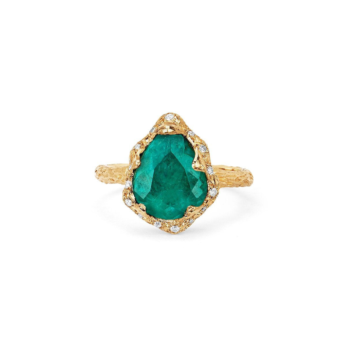 18k Baby Queen Water Drop Colombian Emerald Ring with Sprinkled Diamonds | Ready to Ship Yellow Gold 6 by Logan Hollowell Jewelry