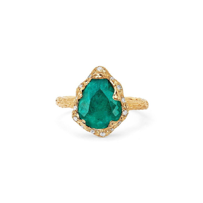 18k Baby Queen Water Drop Colombian Emerald Ring with Sprinkled Diamonds | Ready to Ship Yellow Gold 6 by Logan Hollowell Jewelry