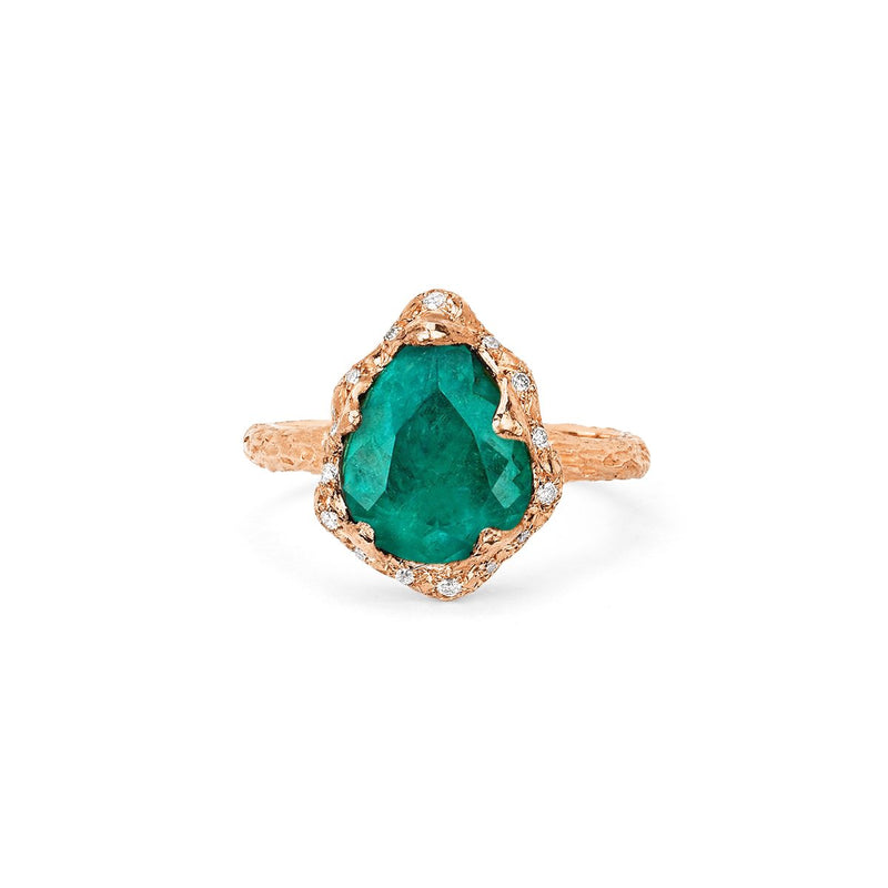 Baby Queen Water Drop Colombian Emerald Ring with Sprinkled Diamonds Rose Gold 3 by Logan Hollowell Jewelry