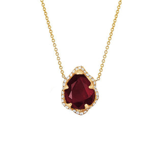 Baby Queen Water Drop Ruby Necklace with Full Pavé Diamond Halo Yellow Gold   by Logan Hollowell Jewelry