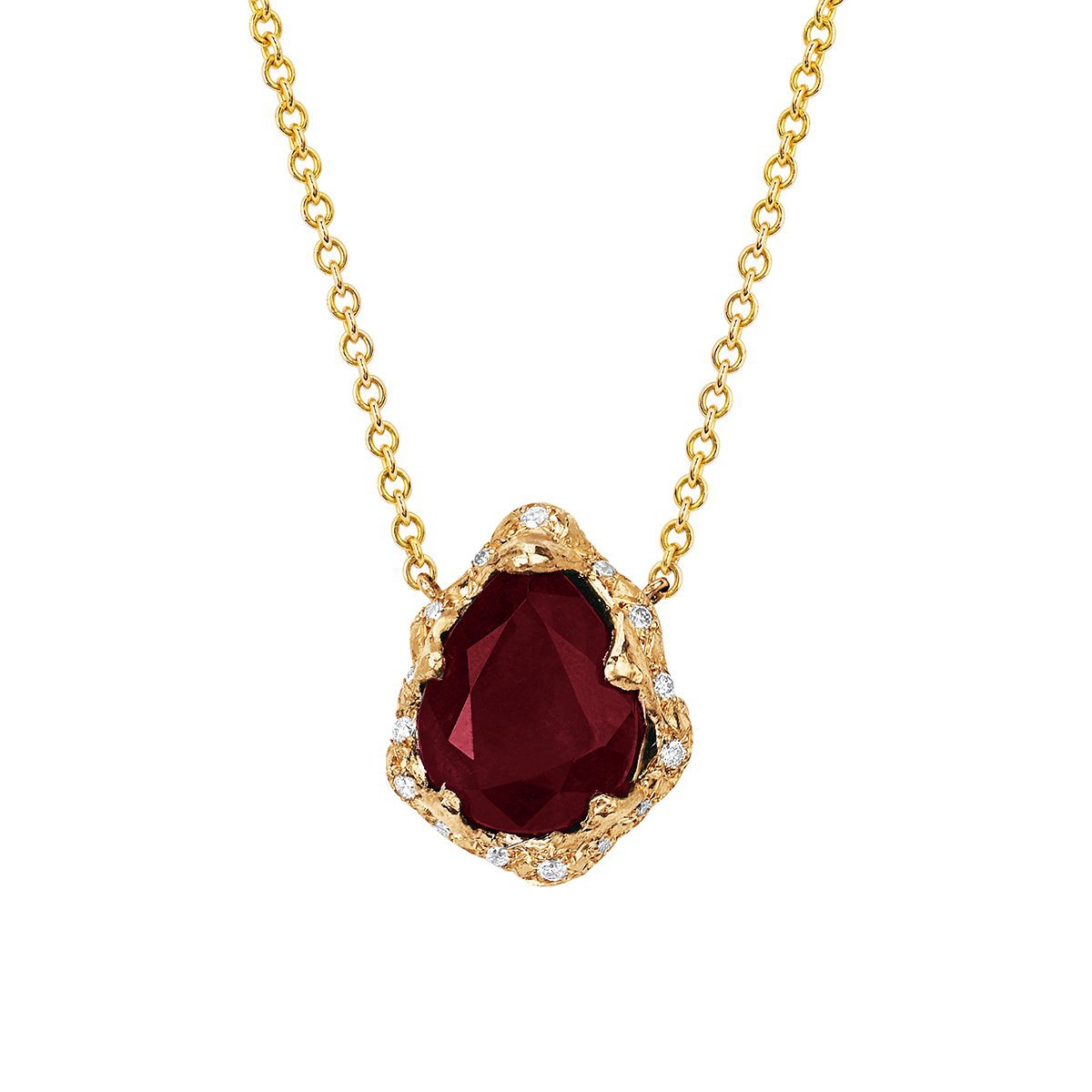 Baby Queen Water Drop Ruby Necklace with Sprinkled Diamonds Yellow Gold by Logan Hollowell Jewelry