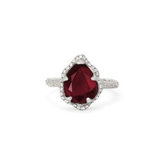 Baby Queen Water Drop Ruby Ring with Full Pavé Diamond Halo White Gold 5  by Logan Hollowell Jewelry