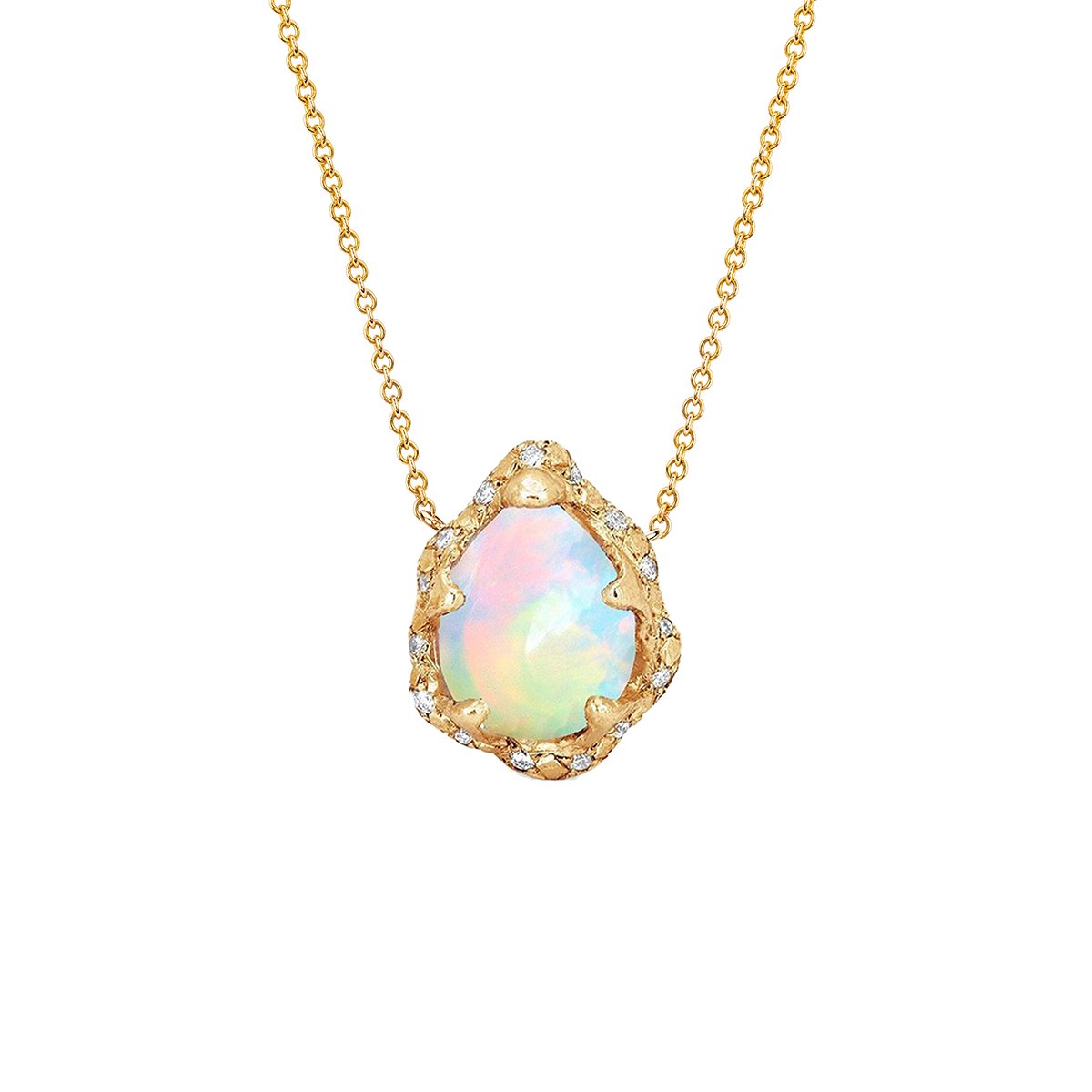 Baby Queen Water Drop White Opal Necklace with Sprinkled Diamonds Yellow Gold 16-18" by Logan Hollowell Jewelry