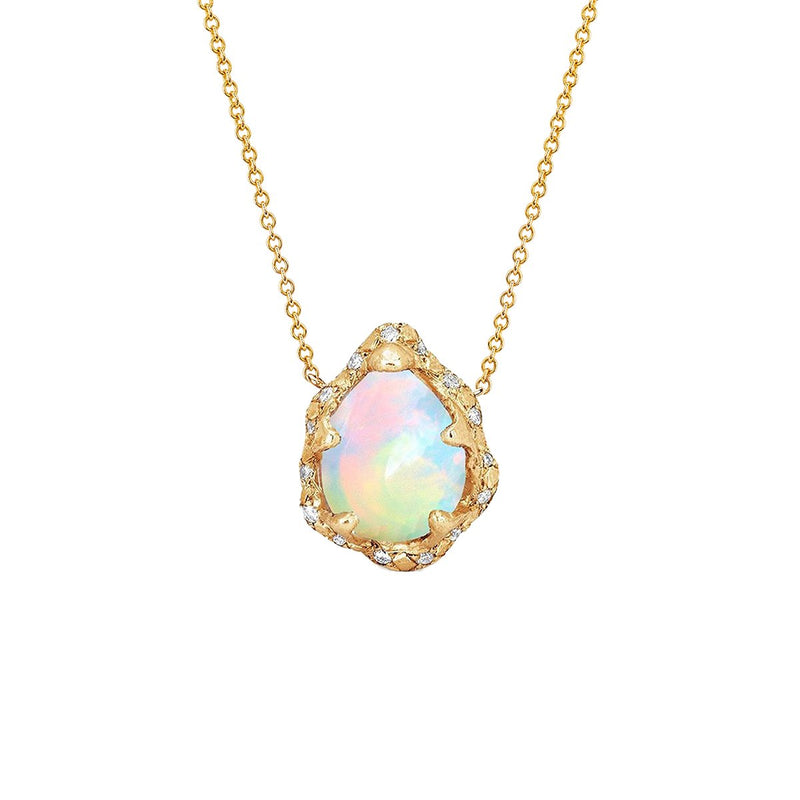Baby Queen Water Drop White Opal Necklace with Sprinkled Diamonds Yellow Gold 16-18" by Logan Hollowell Jewelry