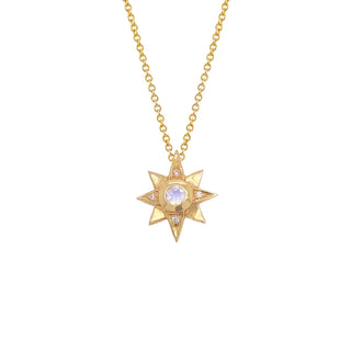 North Star Moonstone Necklace with Diamonds Standard Solid Chain Yellow Gold 16" by Logan Hollowell Jewelry