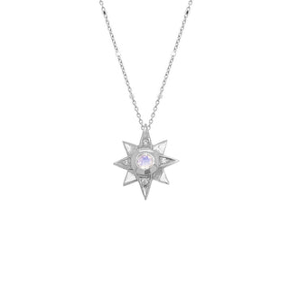 North Star Moonstone Necklace with Diamonds Twinkle Chain White Gold 16" by Logan Hollowell Jewelry