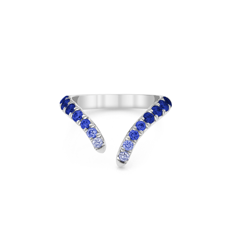 French Pavé Blue Sapphire Tusk Ring White Gold 3 by Logan Hollowell Jewelry