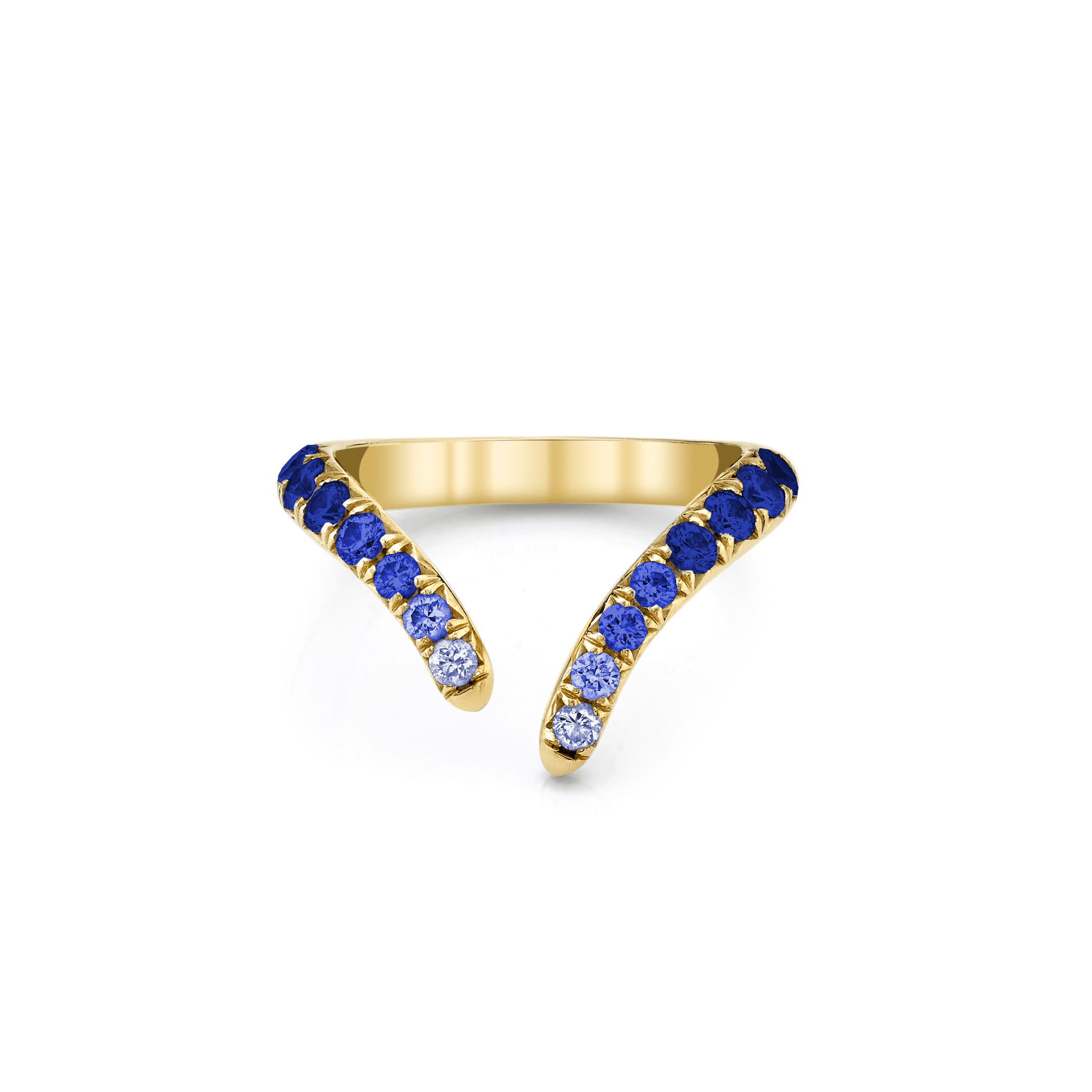 French Pavé Blue Sapphire Tusk Ring Yellow Gold 3 by Logan Hollowell Jewelry