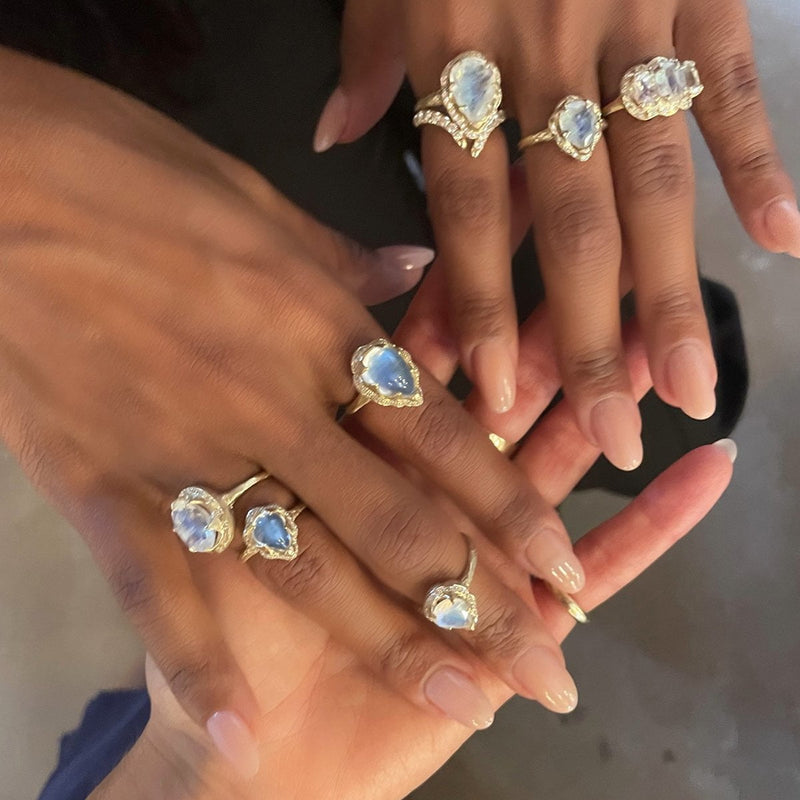 Baby Queen Water Drop Blue Sheen Moonstone Ring with Sprinkled Diamonds    by Logan Hollowell Jewelry