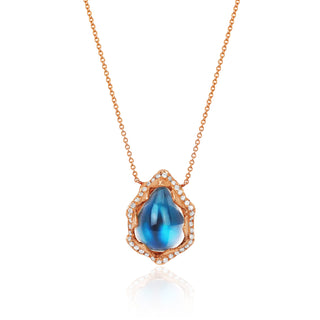 18k Queen Water Drop Blue Sheen Moonstone Necklace with Full Pavé Halo Rose Gold 16-18"  by Logan Hollowell Jewelry