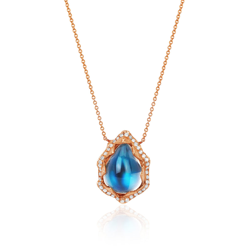 Queen Water Drop Blue Sheen Moonstone Necklace with Full Pavé Halo Rose Gold 16-18" by Logan Hollowell Jewelry